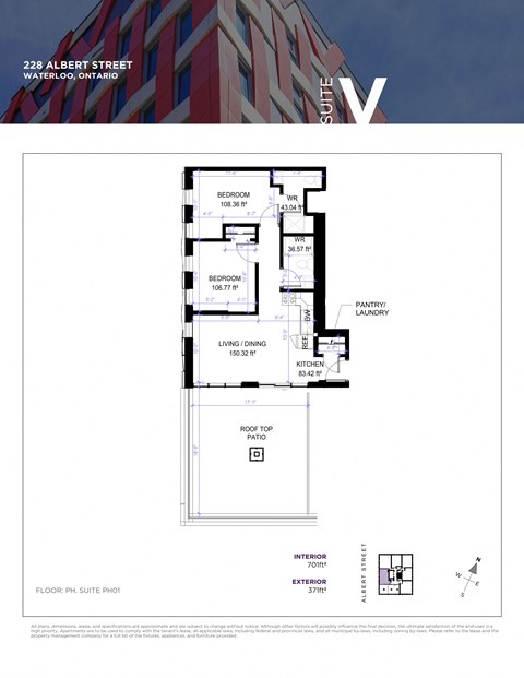 A floor plan for a suite at 228 Albert Street, Waterloo, Ontario is displayed.